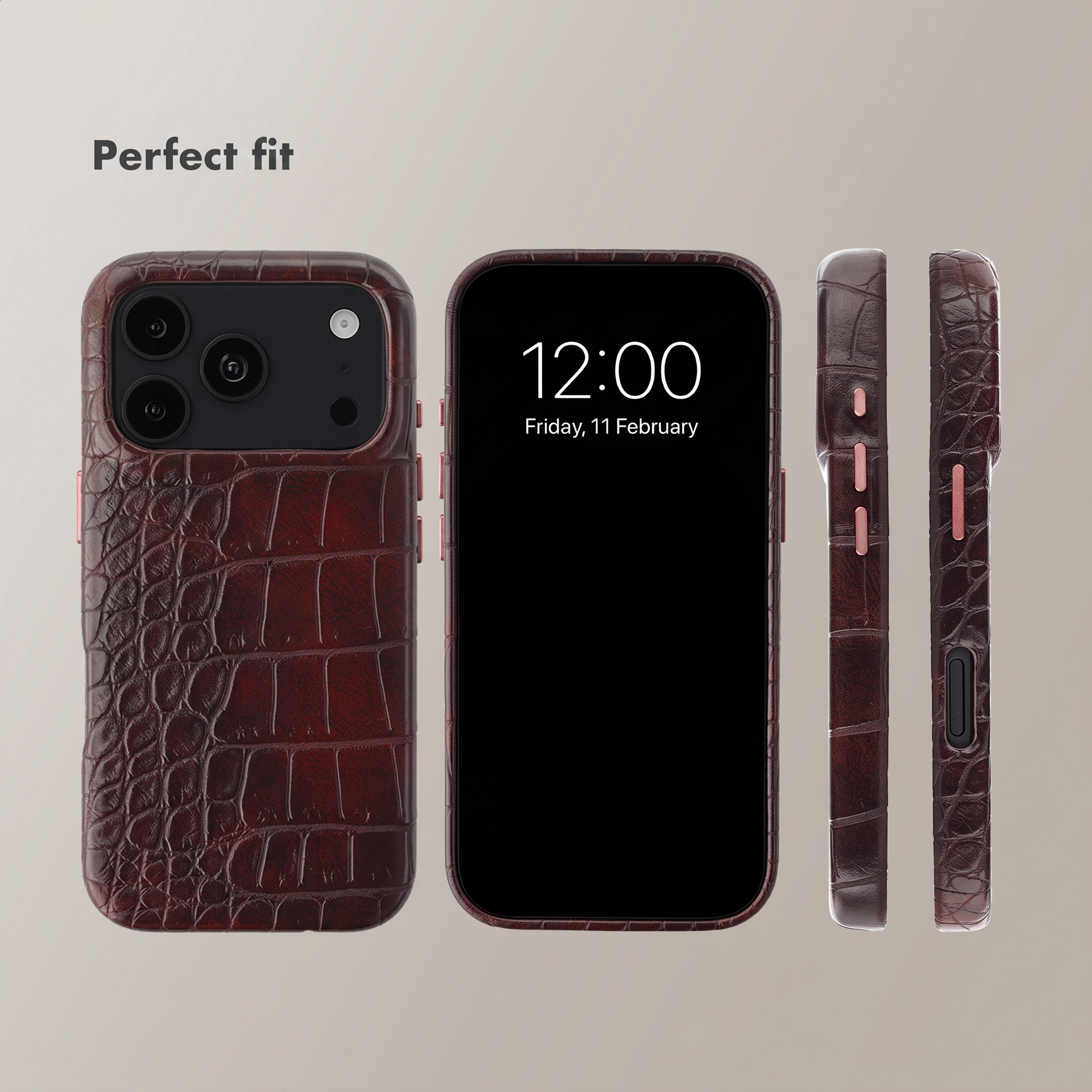 Varie viste di uno smartphone con cover in pelle di coccodrillo rosso scuro e la scritta Perfect fit.