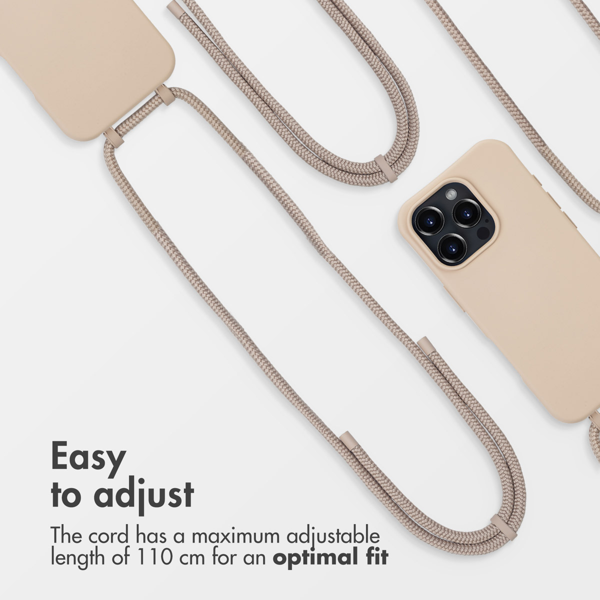 Custodia per telefono beige con cordino regolabile di 110 cm su sfondo bianco, con testo sulla facile regolazione.
