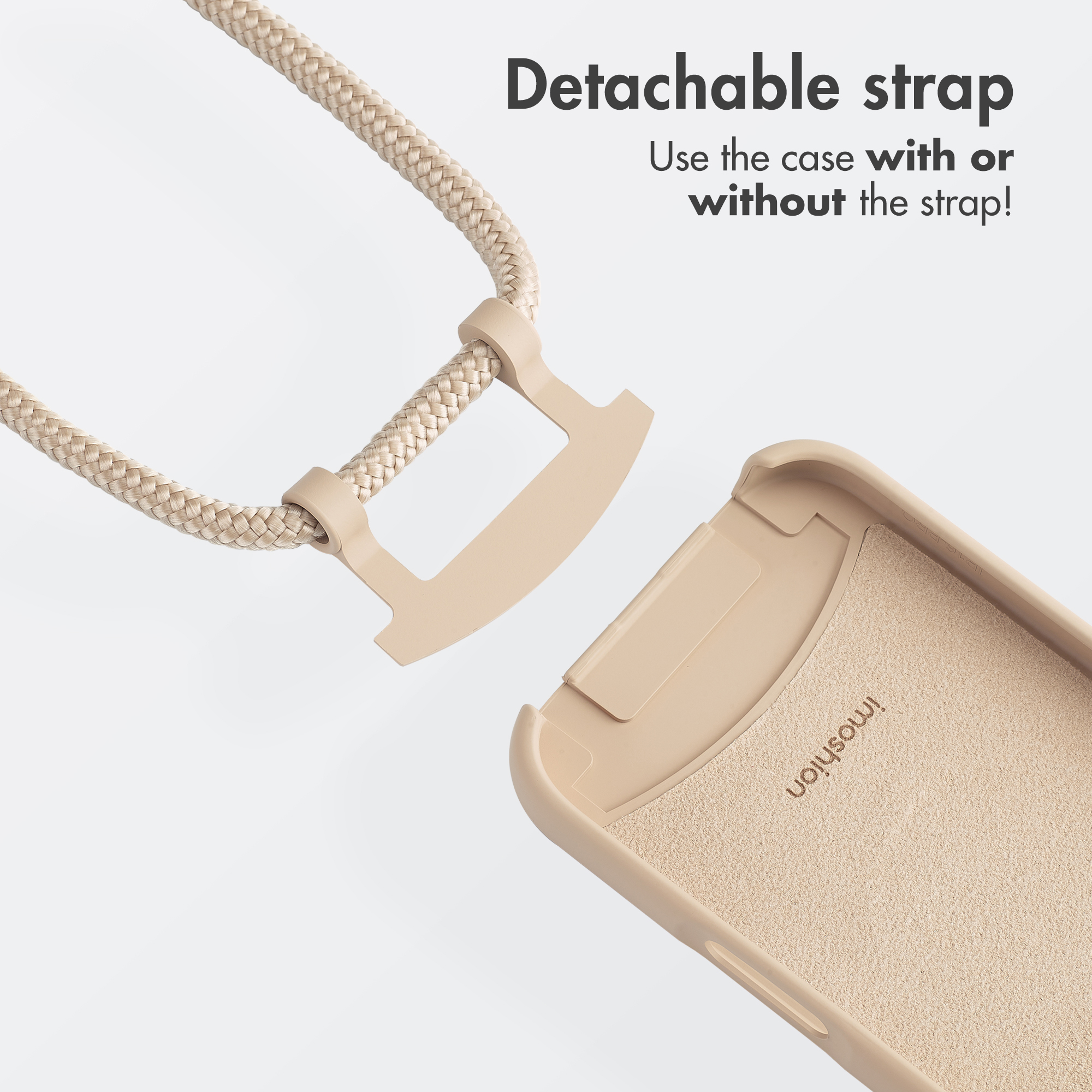 Custodia per telefono beige con attacco per cinturino rimovibile su sfondo bianco.