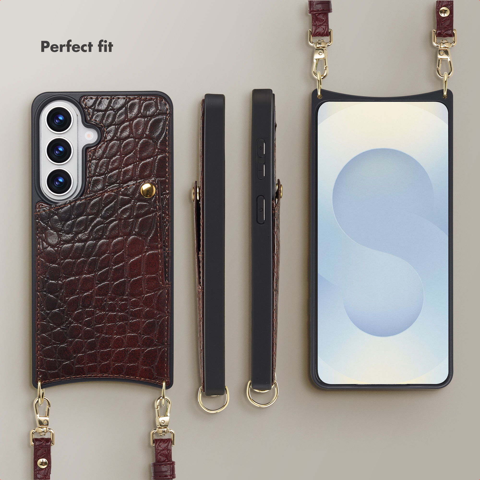 Funda de móvil de piel de cocodrilo marrón con correa, vista trasera, lateral y frontal.