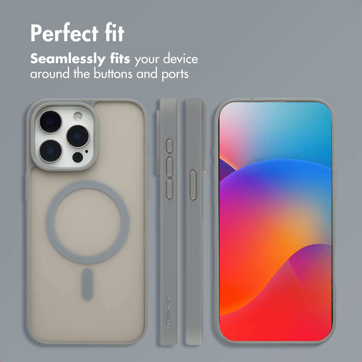 Coque de smartphone grise avec anneau MagSafe, vue de dos, de côté et de face sur fond gris.