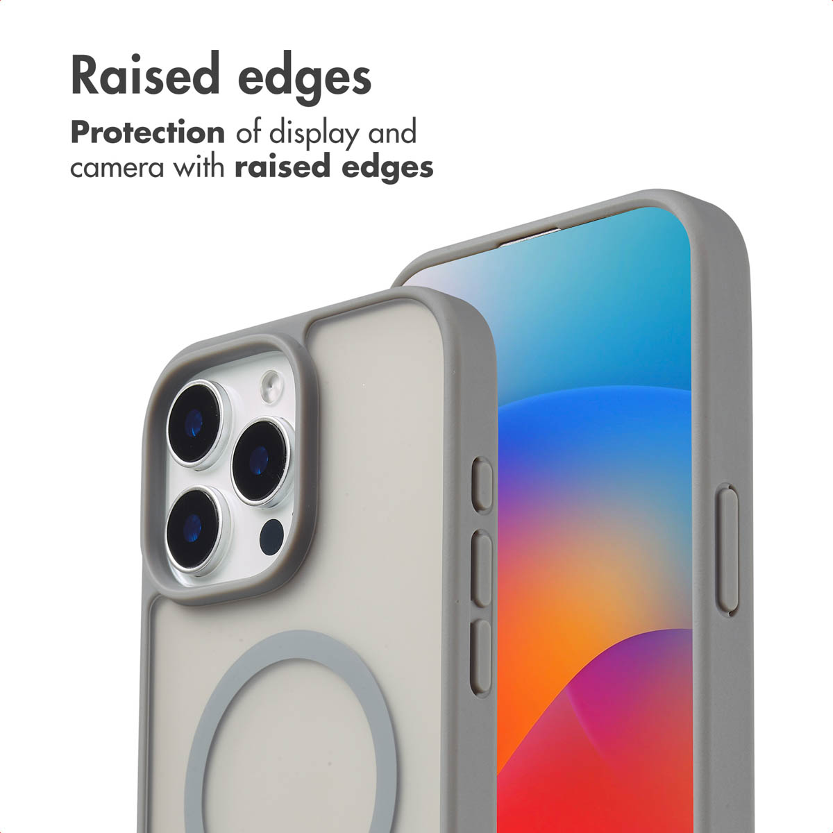 Deux smartphones dans des coques grises affichent des bords surélevés pour protéger l'écran.