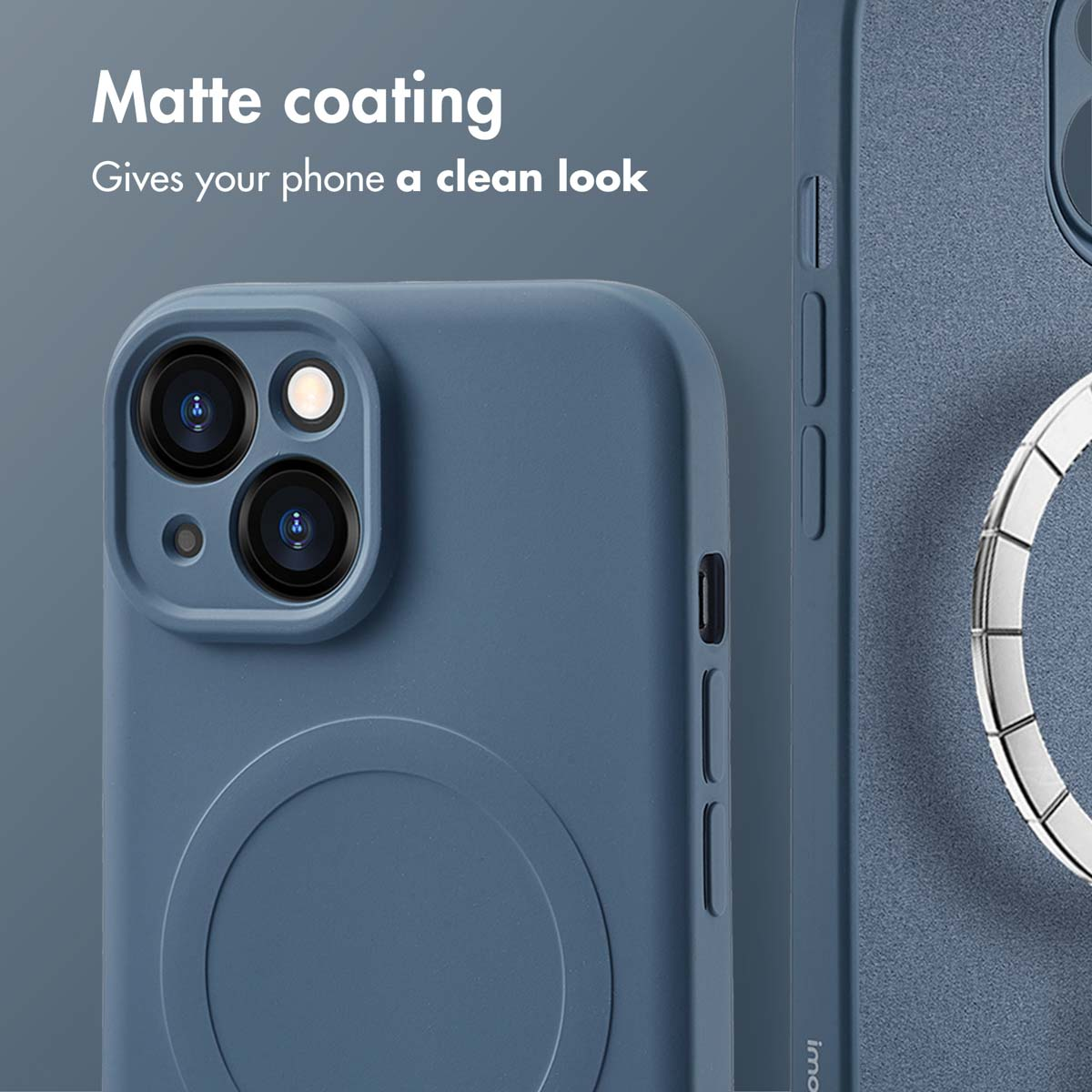 Niebieski smartfon z matową powłoką i obiektywami aparatów, z tekstem o czystym wyglądzie.