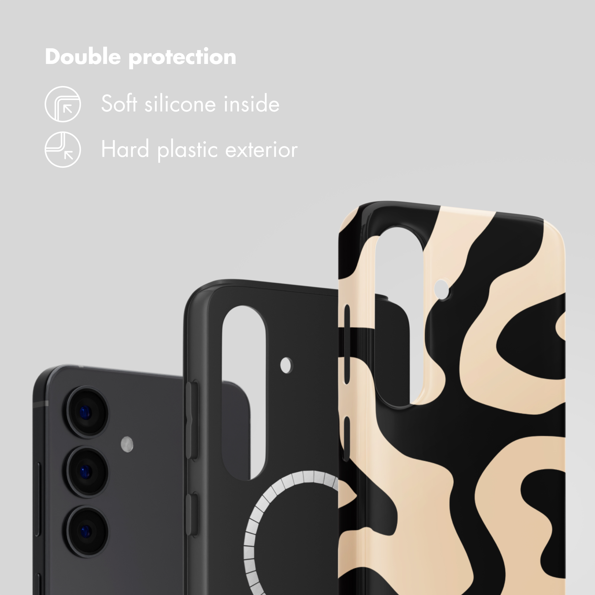 Doppelter Schutz: Weiches Silikon innen und harte Kunststoffaußenseite, gezeigt an Smartphone-Hüllen.