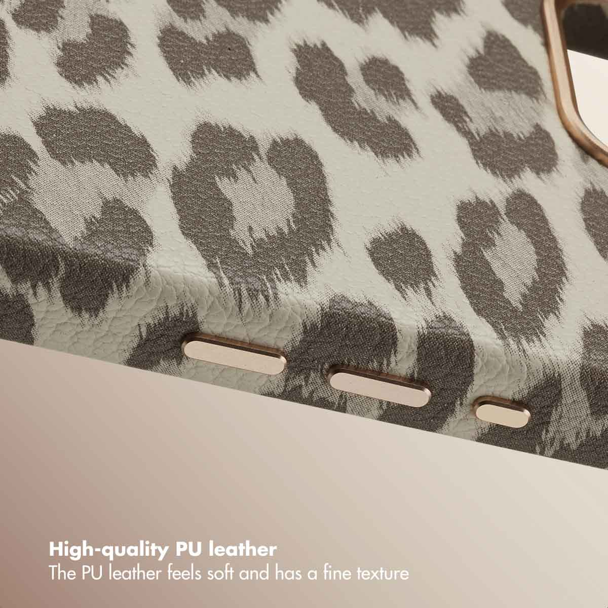 Cover per telefono in ecopelle con stampa leopardo grigia e pulsanti in oro rosa.
