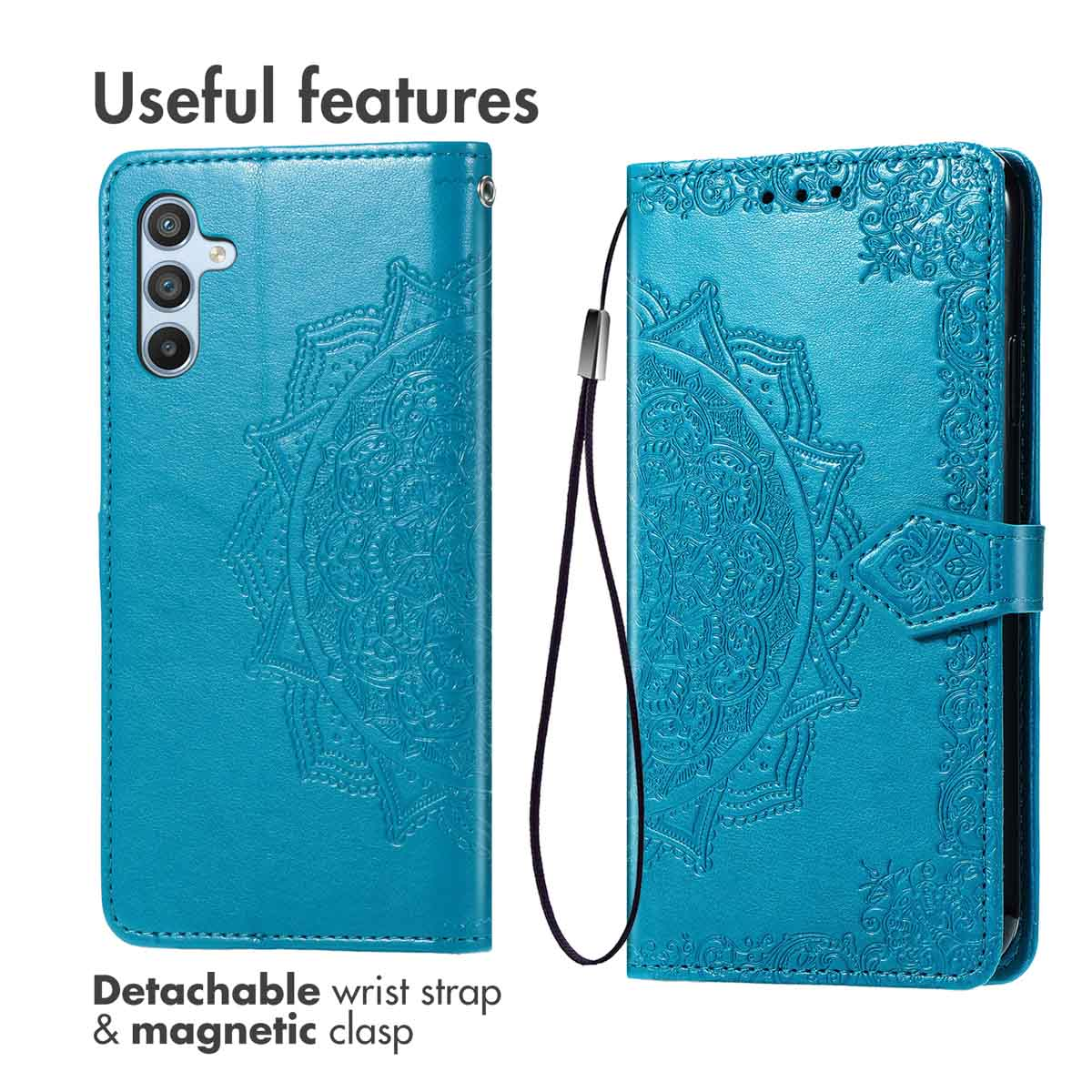 Étui portefeuille bleu avec motif mandala, dragonne amovible et fermoir magnétique.
