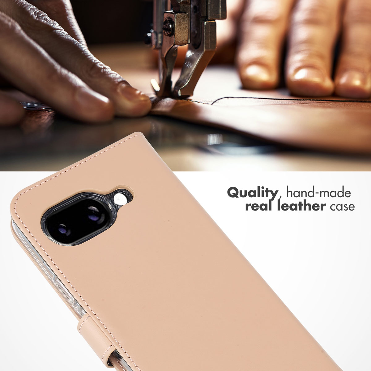Funda de cuero auténtico rosa cosida a mano bajo una máquina de coser.