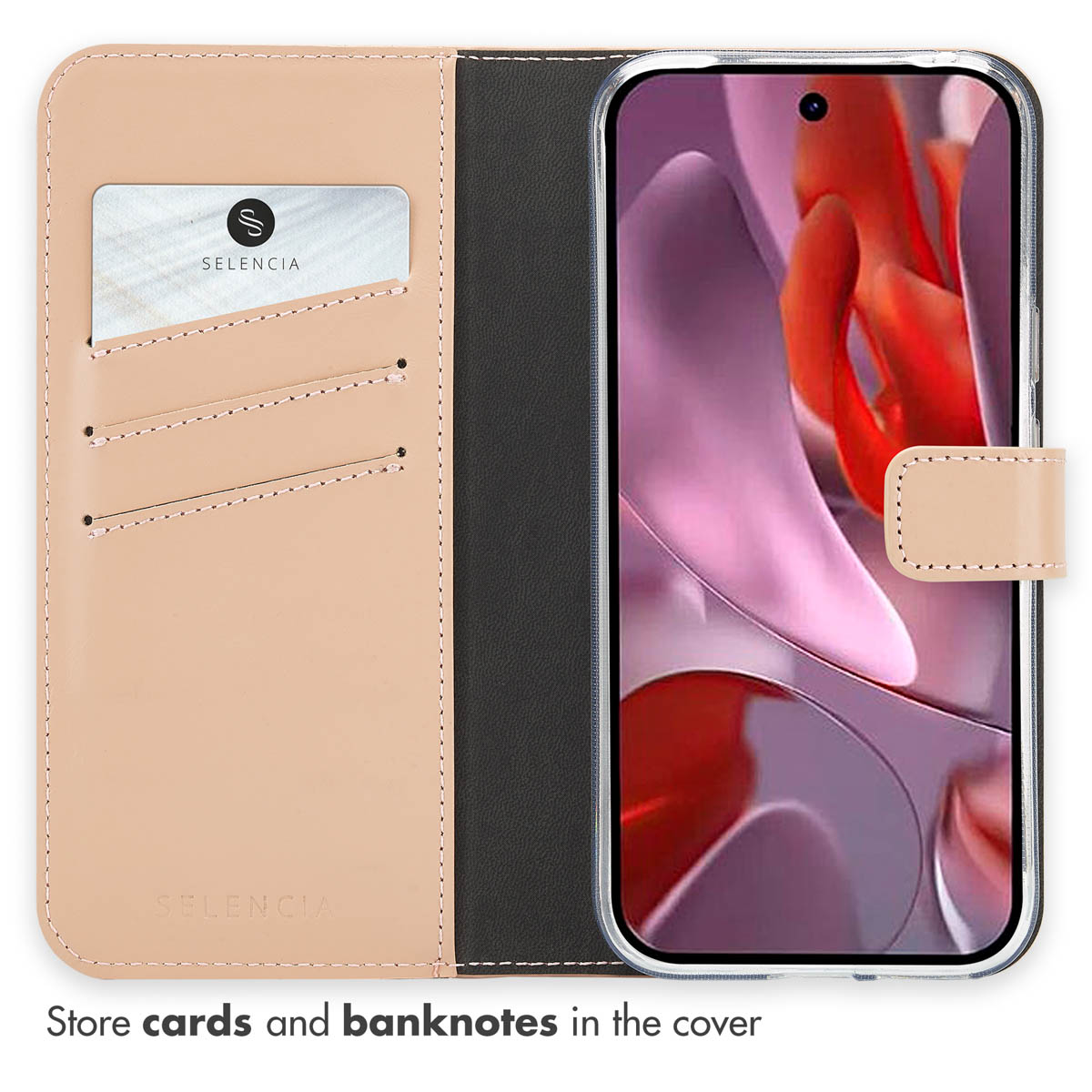 Funda para teléfono móvil de cuero sintético rosa con tarjeteros y pantalla abstracta.