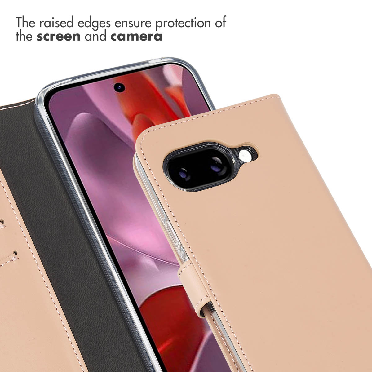 Los bordes elevados protegen la pantalla y la cámara de un smartphone en funda beige.
