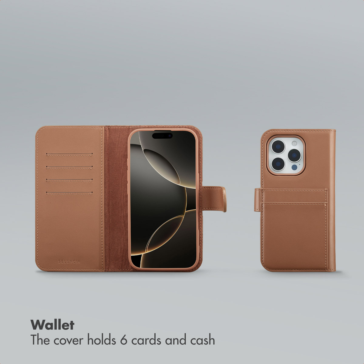 Braune Lederhülle für ein Smartphone mit Kartenfächern und geschlossenem Deckel auf grauem Hintergrund.