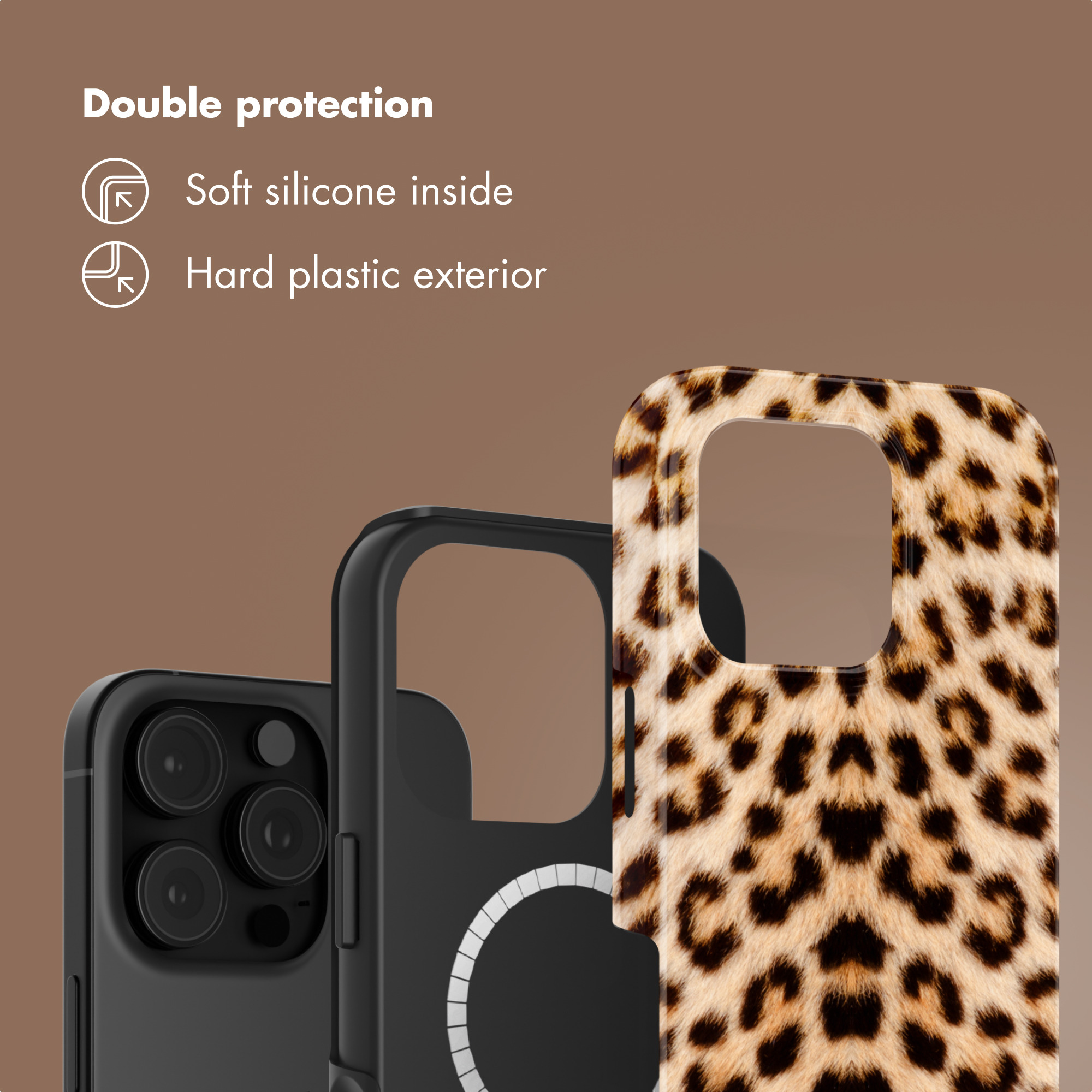 Pubblicità di custodia per telefono a doppia protezione con silicone morbido interno e plastica rigida.