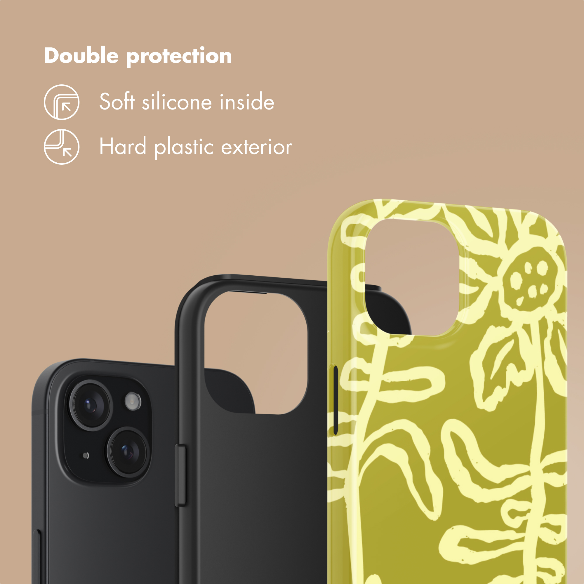 Immagine promozionale di cover con doppia protezione: interno in morbido silicone ed esterno in plastica rigida.