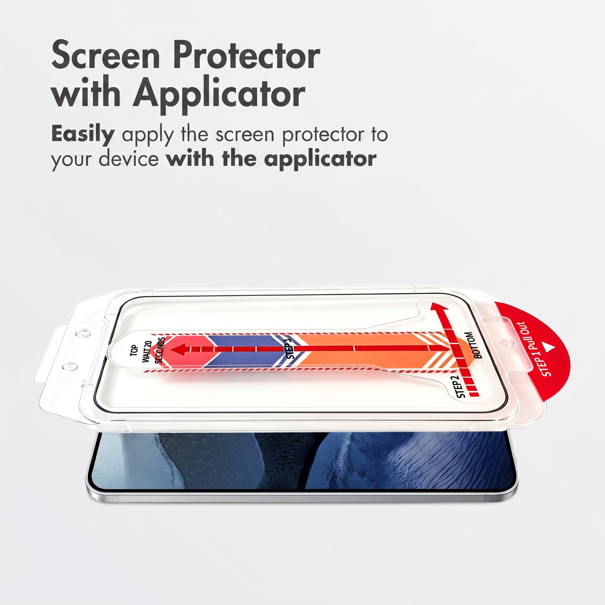 Een helder plastic screenprotector applicator bevindt zich boven een smartphone op een witte achtergrond.
