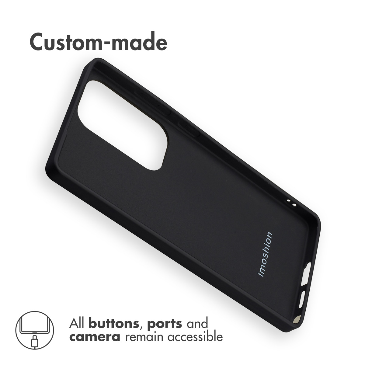 Una cover per smartphone nera con il marchio imoshion su sfondo bianco, accompagnata da testo e icona.