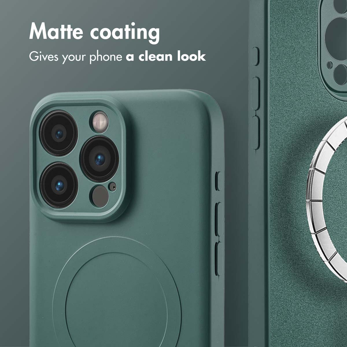 Revestimiento mate en una funda verde para teléfono con recorte de cámara sobre fondo gris.