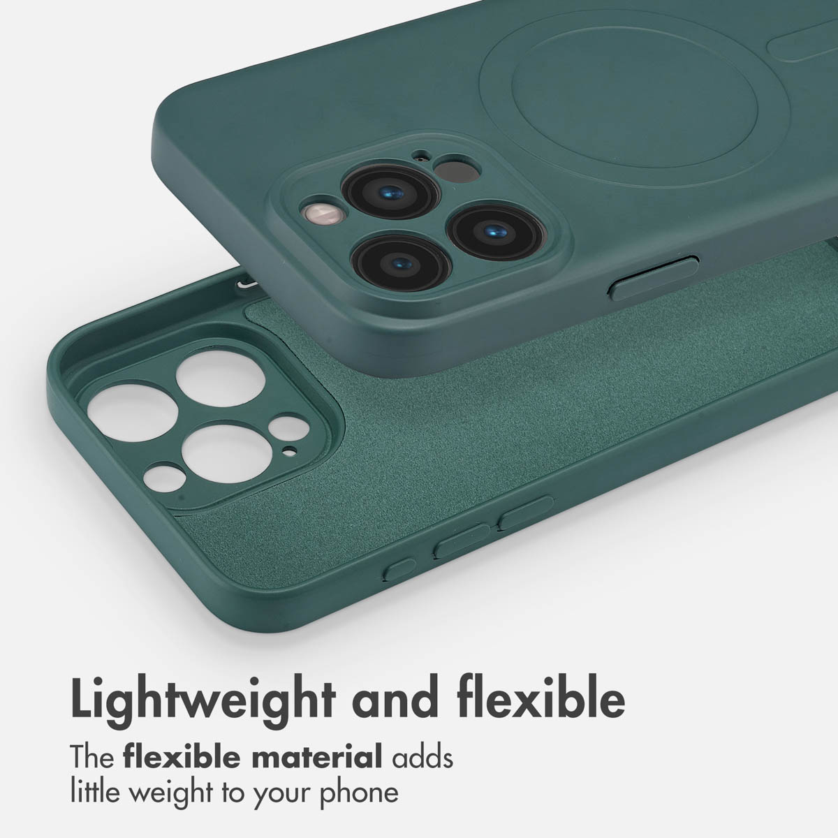 Funda de teléfono verde protectora con recortes para cámara y texto.
