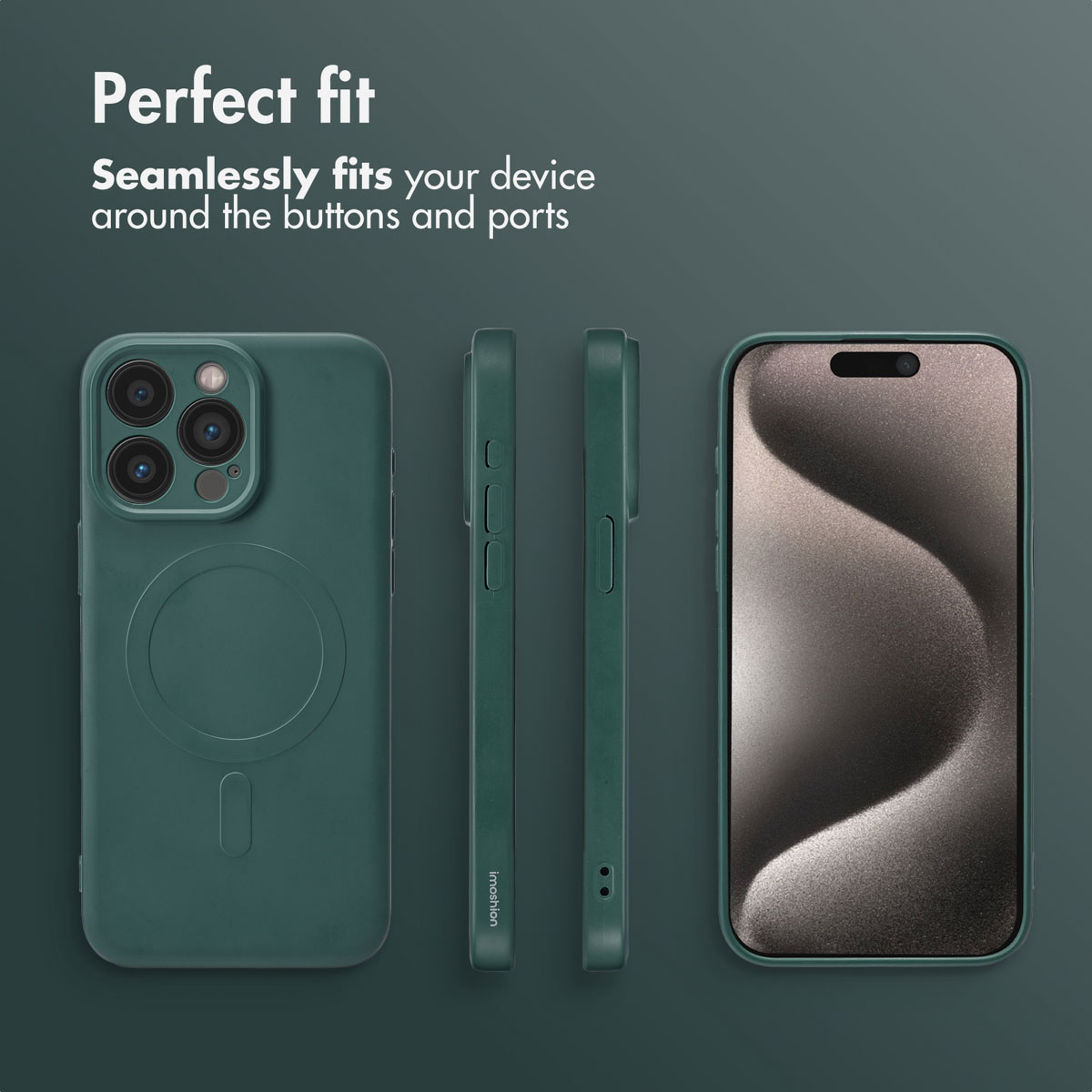 Fundas de móvil verdes en varias vistas con texto "Perfect fit" sobre fondo oscuro.