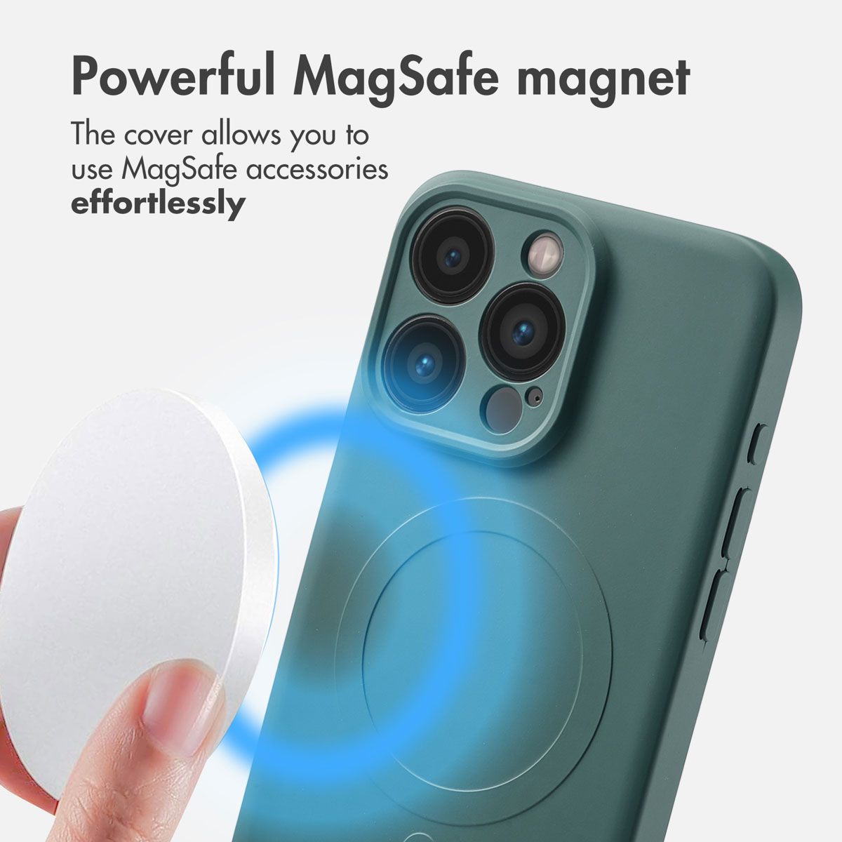 Smartphone verde con funda protectora, conexión magnética MagSafe circular y texto.