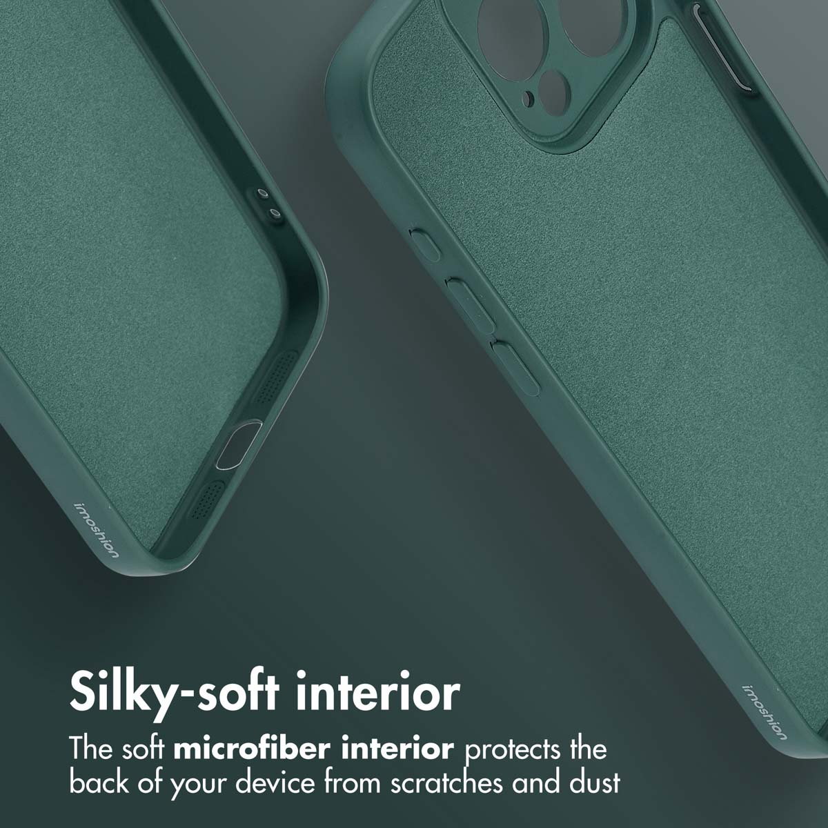 Funda de smartphone verde oscura con forro interior de microfibra suave.