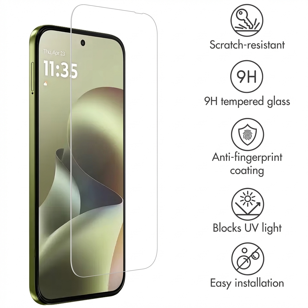 Un smartphone avec protection d'écran et cinq icônes montrant des caractéristiques comme verre trempé 9H.