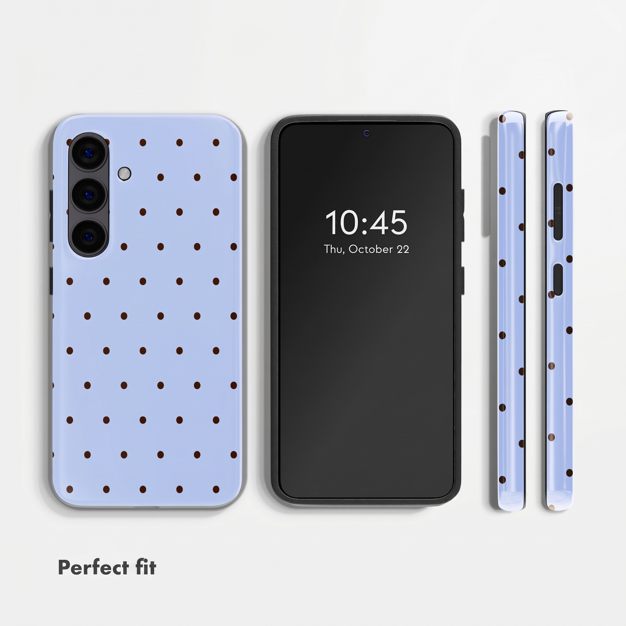 Ein Smartphone mit hellblauer Hülle und braunen Punkten, gezeigt von vorne, hinten und von den Seiten.