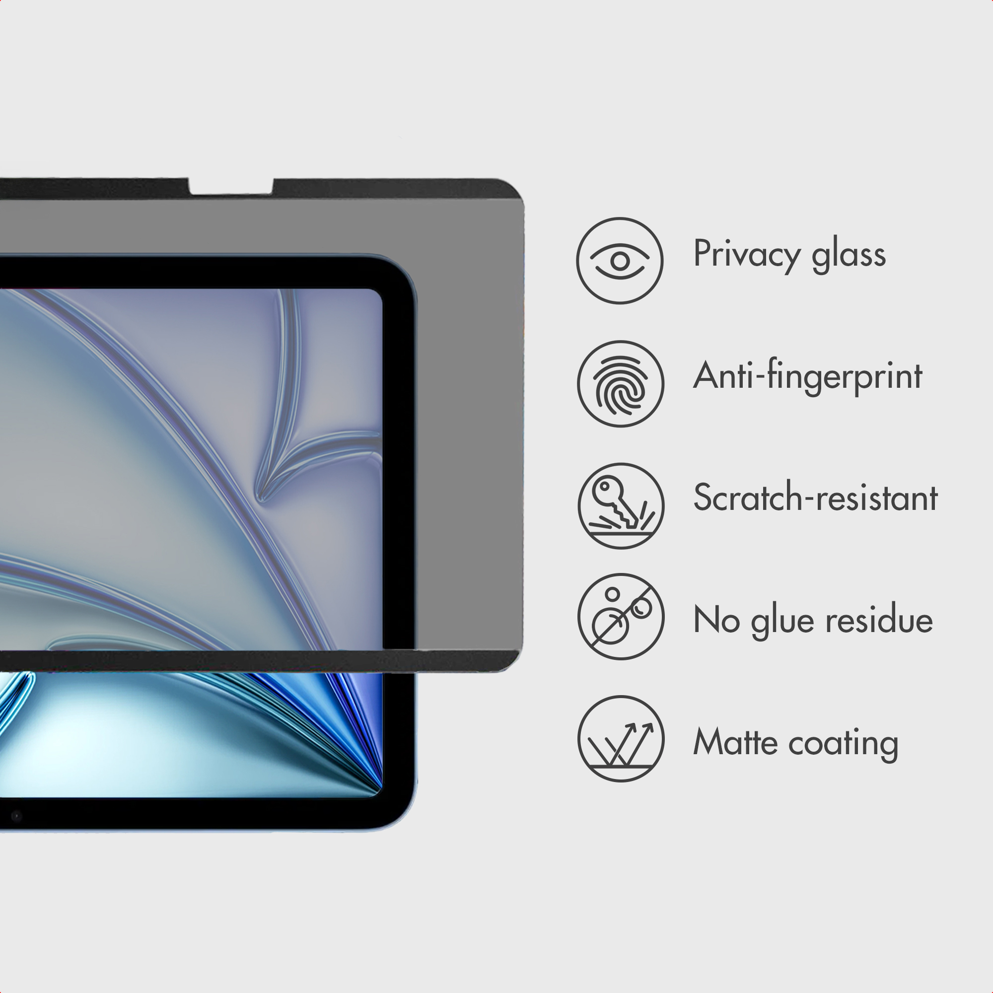 Tablet con pellicola protettiva e cinque icone che mostrano funzioni come la privacy.