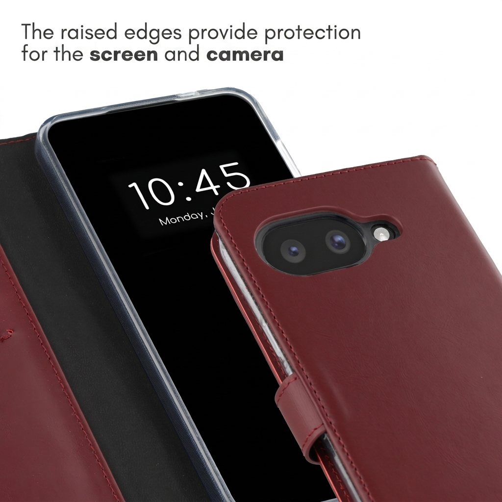 Una funda de cuero roja protege un teléfono que muestra la hora 10:45 en pantalla.