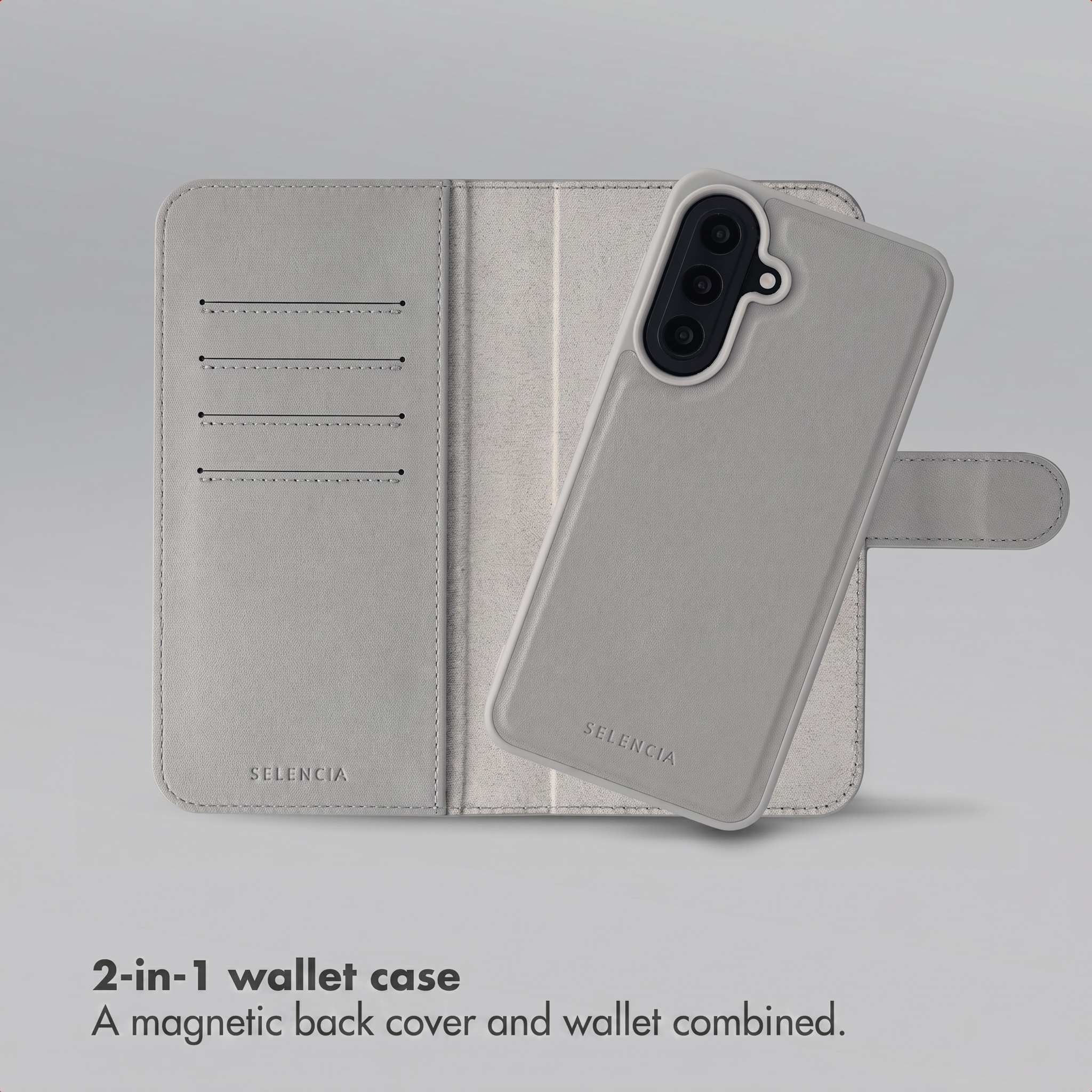 Graue 2-in-1-Brieftaschen-Handyhülle mit Kartenfächern und magnetischer Rückseite.