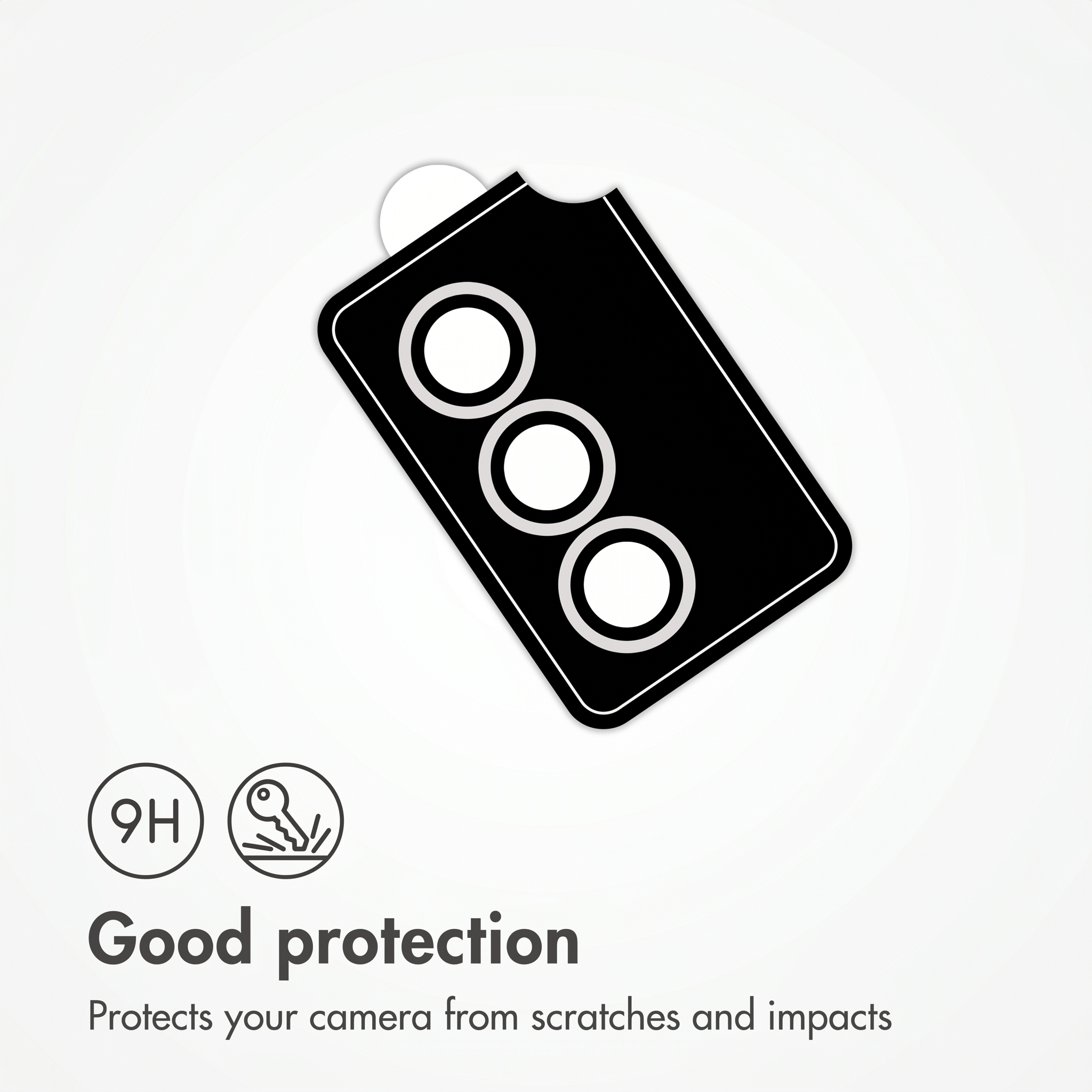 Un protettore per obiettivo della fotocamera nero con tre aperture circolari, etichettato buona protezione.