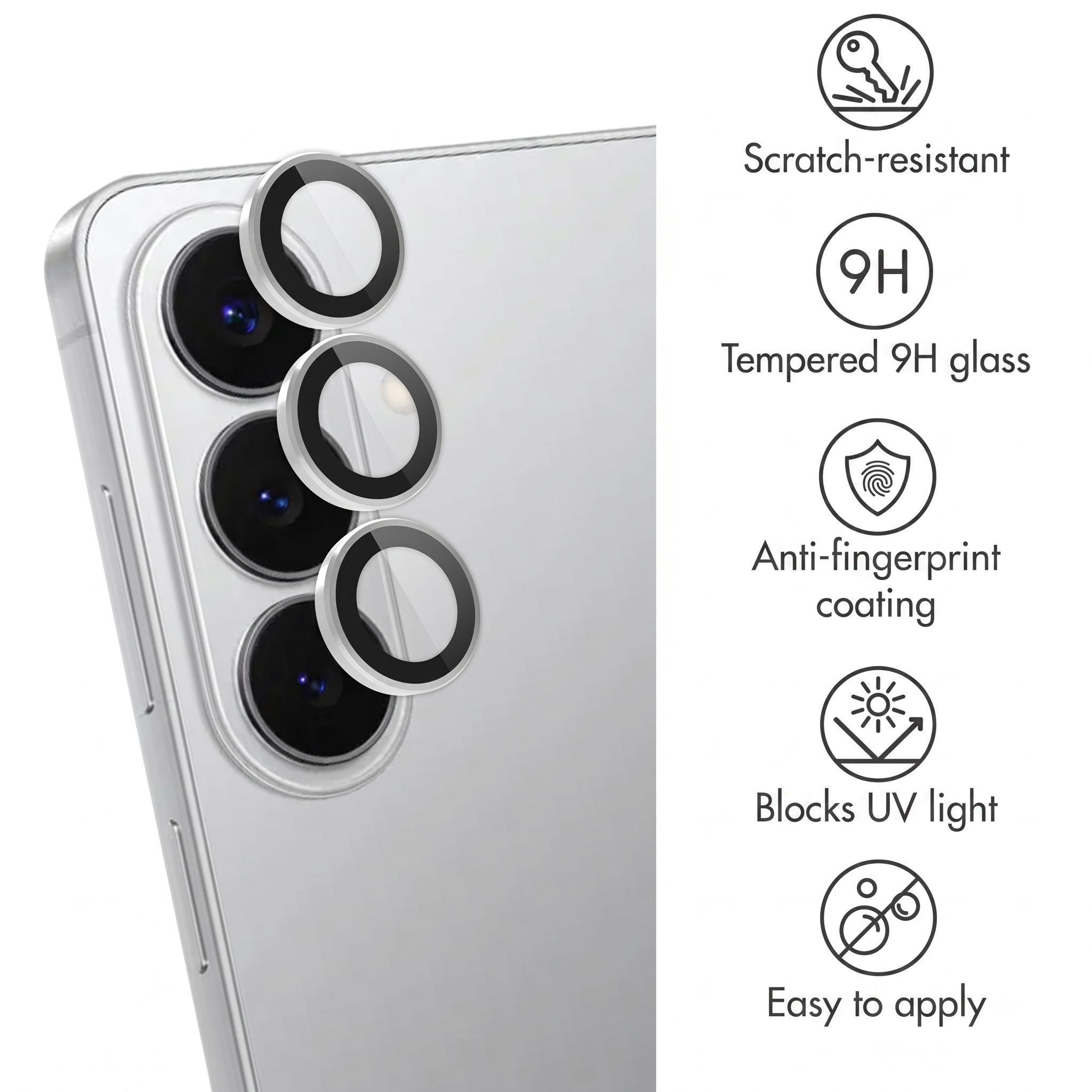 Fotocamera per smartphone con protezioni e icone per resistenza ai graffi, vetro 9H, anti-impronta e blocco UV.