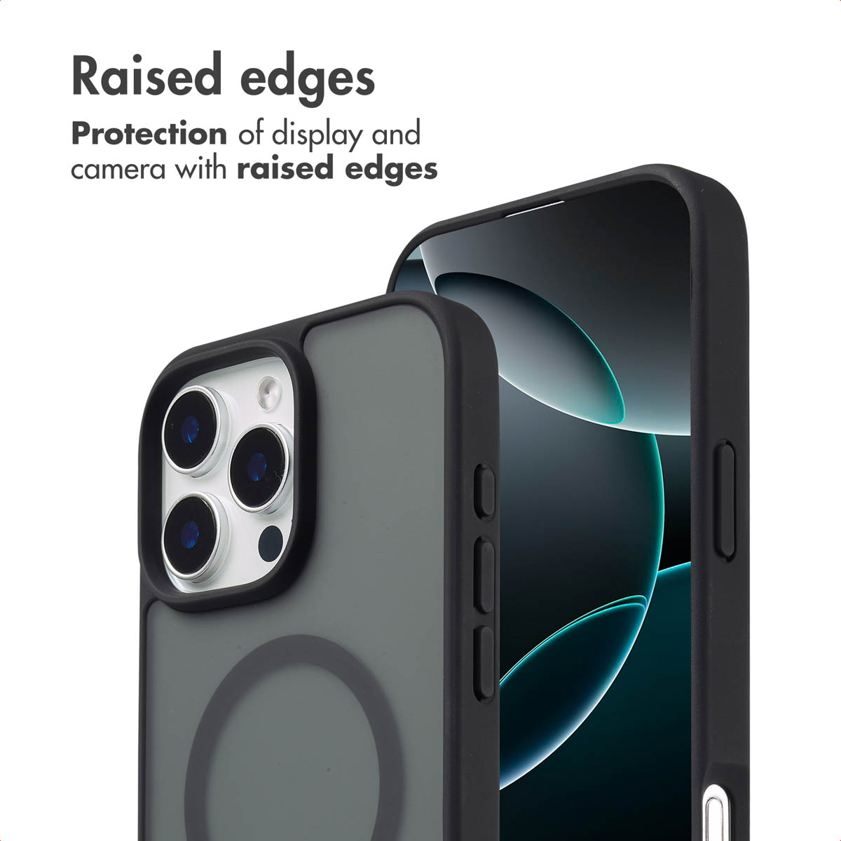 Due cover nere per smartphone con bordi rialzati per proteggere fotocamera e schermo.