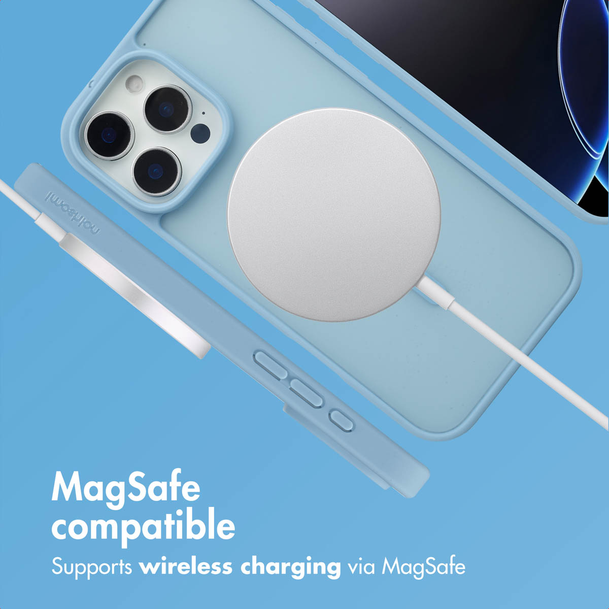 Funda azul para iPhone con cargador MagSafe y texto MagSafe compatible.