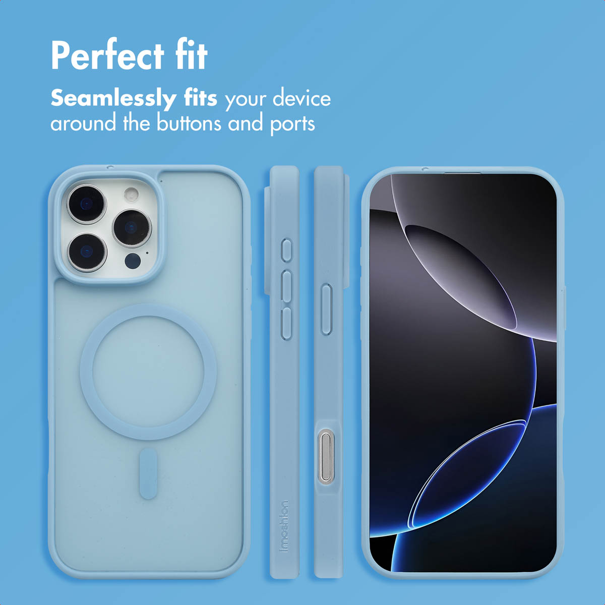 Funda de teléfono azul con anillo MagSafe mostrada desde atrás, de lado y de frente sobre fondo azul.
