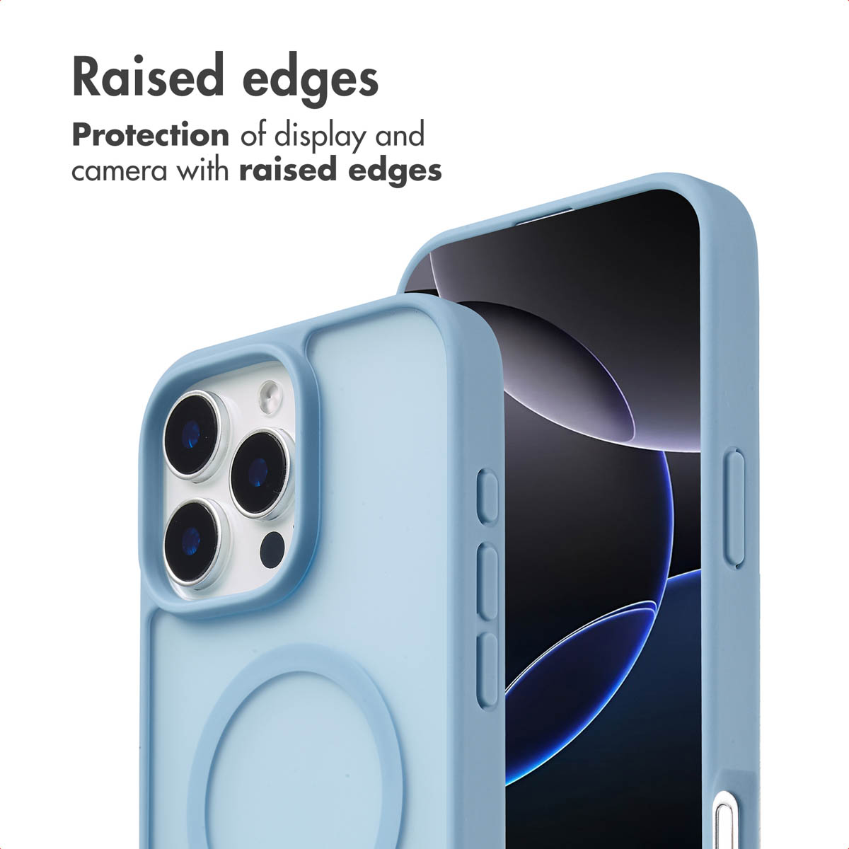 Funda de teléfono azul con bordes elevados para pantalla y cámara. El texto destaca características.