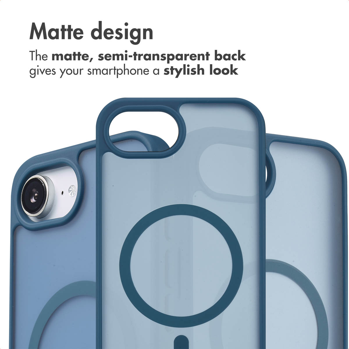 Tre cover per smartphone blu opache semitrasparenti con cerchi MagSafe sovrapposte.