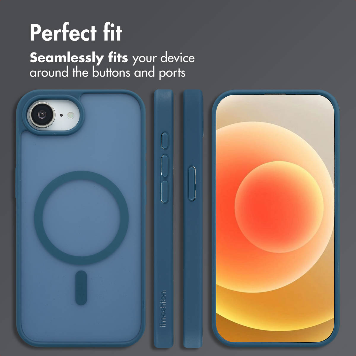 Custodia per smartphone blu con anello Magsafe, vista posteriore, laterale e frontale con schermo.