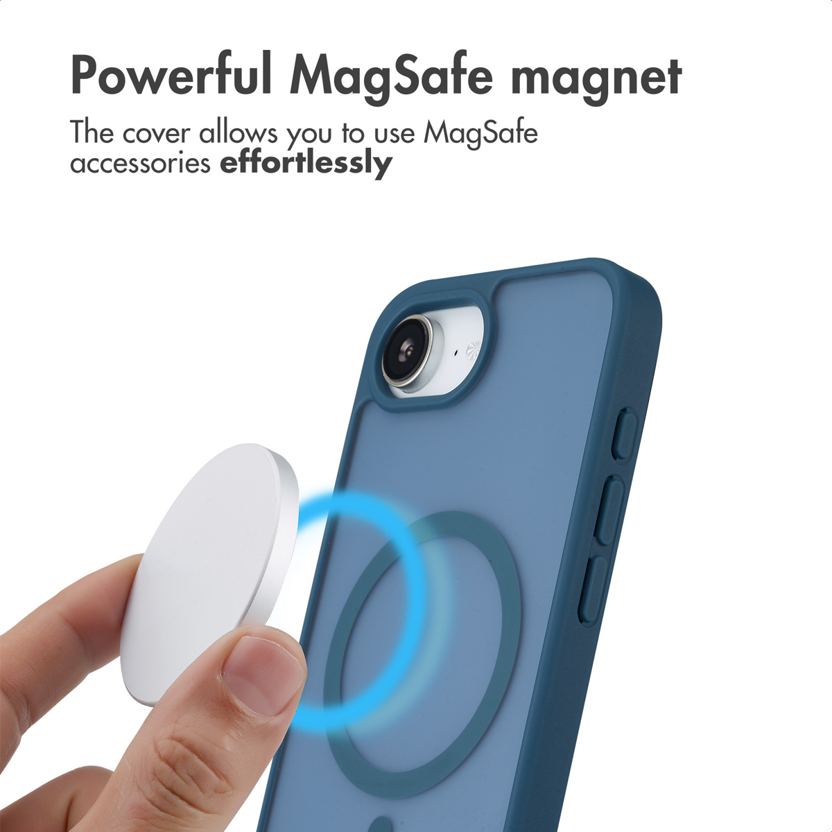 Custodia per telefono blu con funzione MagSafe e calamita bianca.