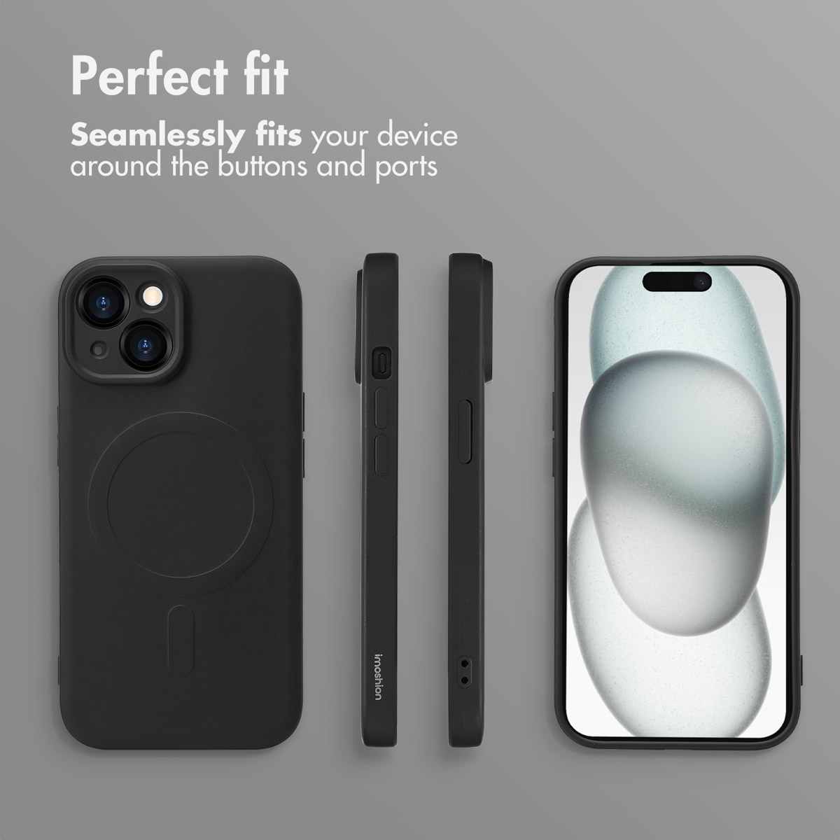 Czarne etui na smartfon pokazane od tyłu, z boków i z przodu na szarym tle.