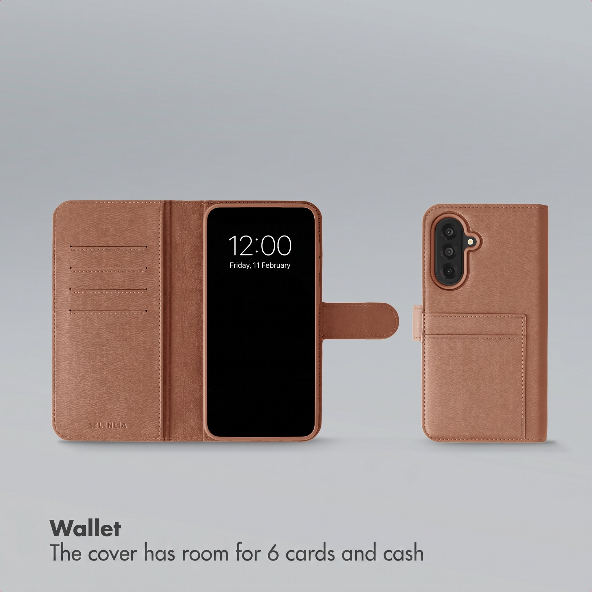 A brown leather smartphone wallet case showing card slots inside and the back with camera cutout.