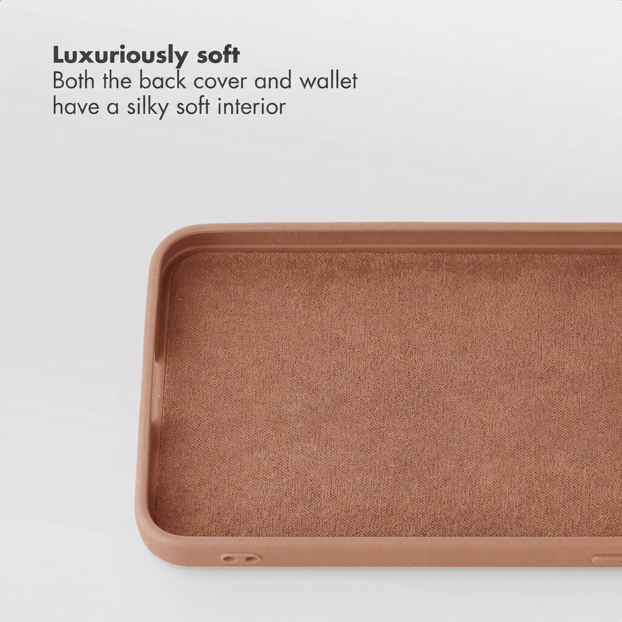A close-up of a brown phone case with a soft, velvety interior and text at the top.