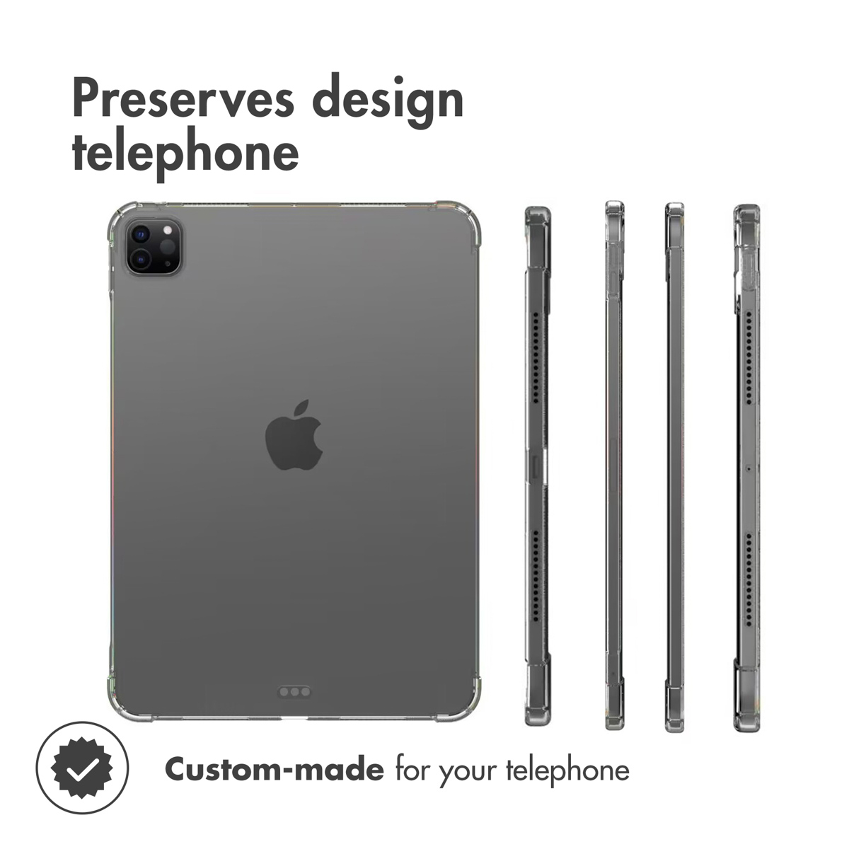 Custodia protettiva trasparente per un tablet grigio con logo Apple in diverse viste.