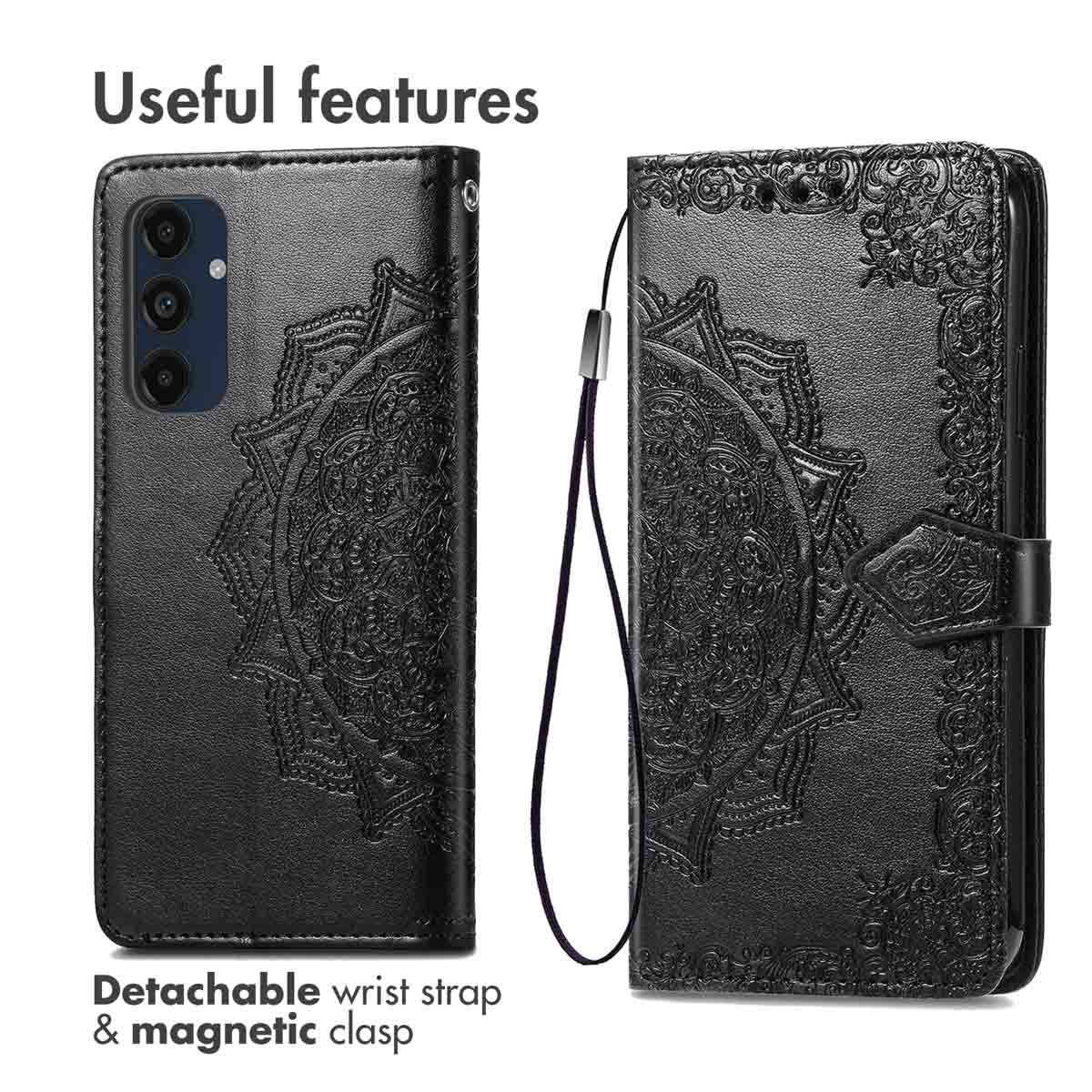 Custodia per telefono in pelle nera goffrata con design mandala, laccetto e chiusura magnetica.