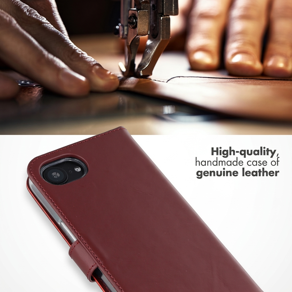 Étui de téléphone en cuir véritable fait main avec une machine à coudre en arrière-plan.