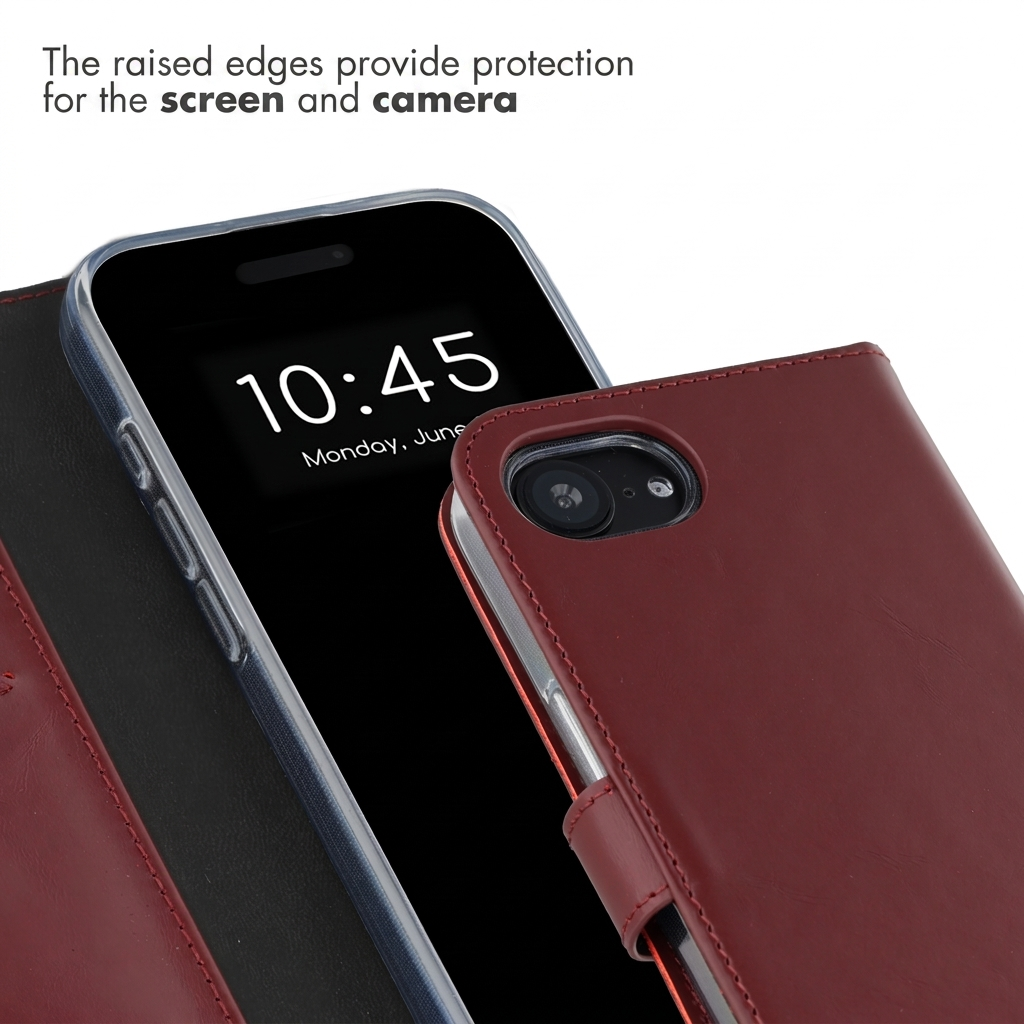 Un smartphone dans un étui en cuir bordeaux protégeant l'écran et l'appareil photo.