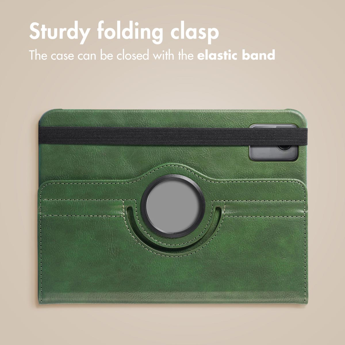 Green leather tablet case with black elastic band and rotating stand.