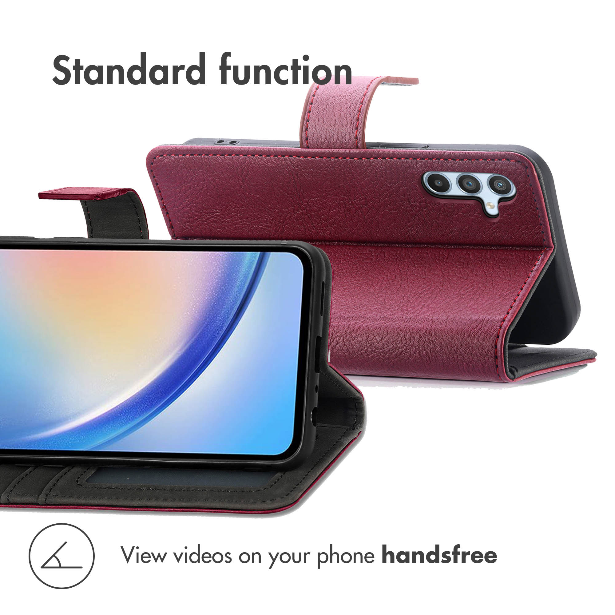 Un étui de téléphone en cuir bordeaux contient un smartphone, vu de face et de dos, avec fonction support.