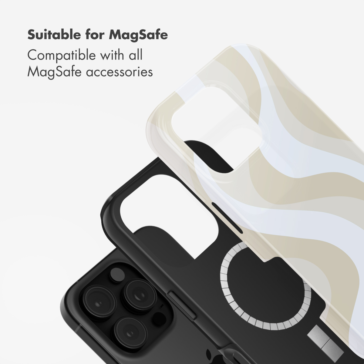 Funda de móvil MagSafe con diseño ondulado beige y blanco, compatible con accesorios.