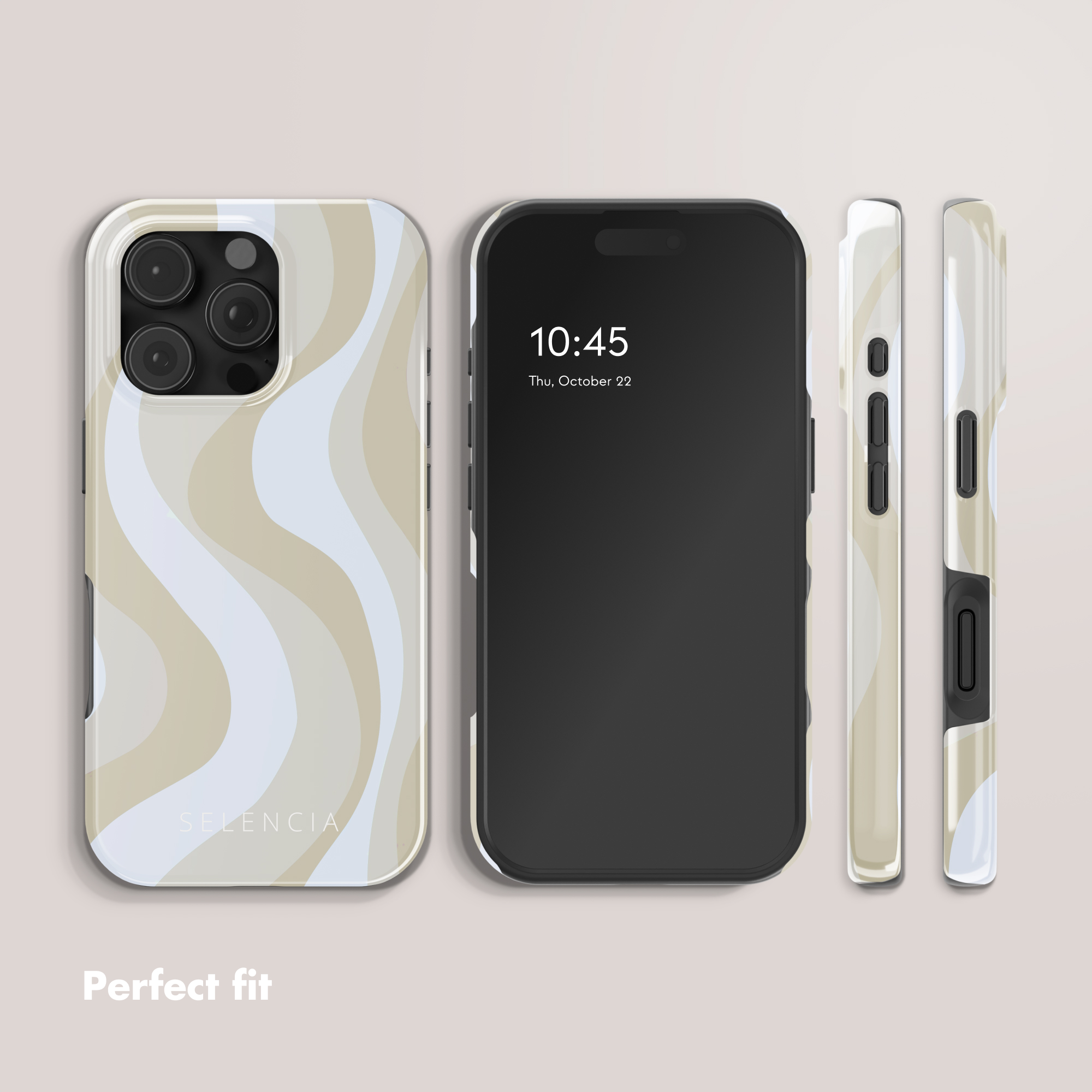 Cuatro vistas de un teléfono en funda con patrón ondulado beige, azul y blanco sobre fondo gris claro.