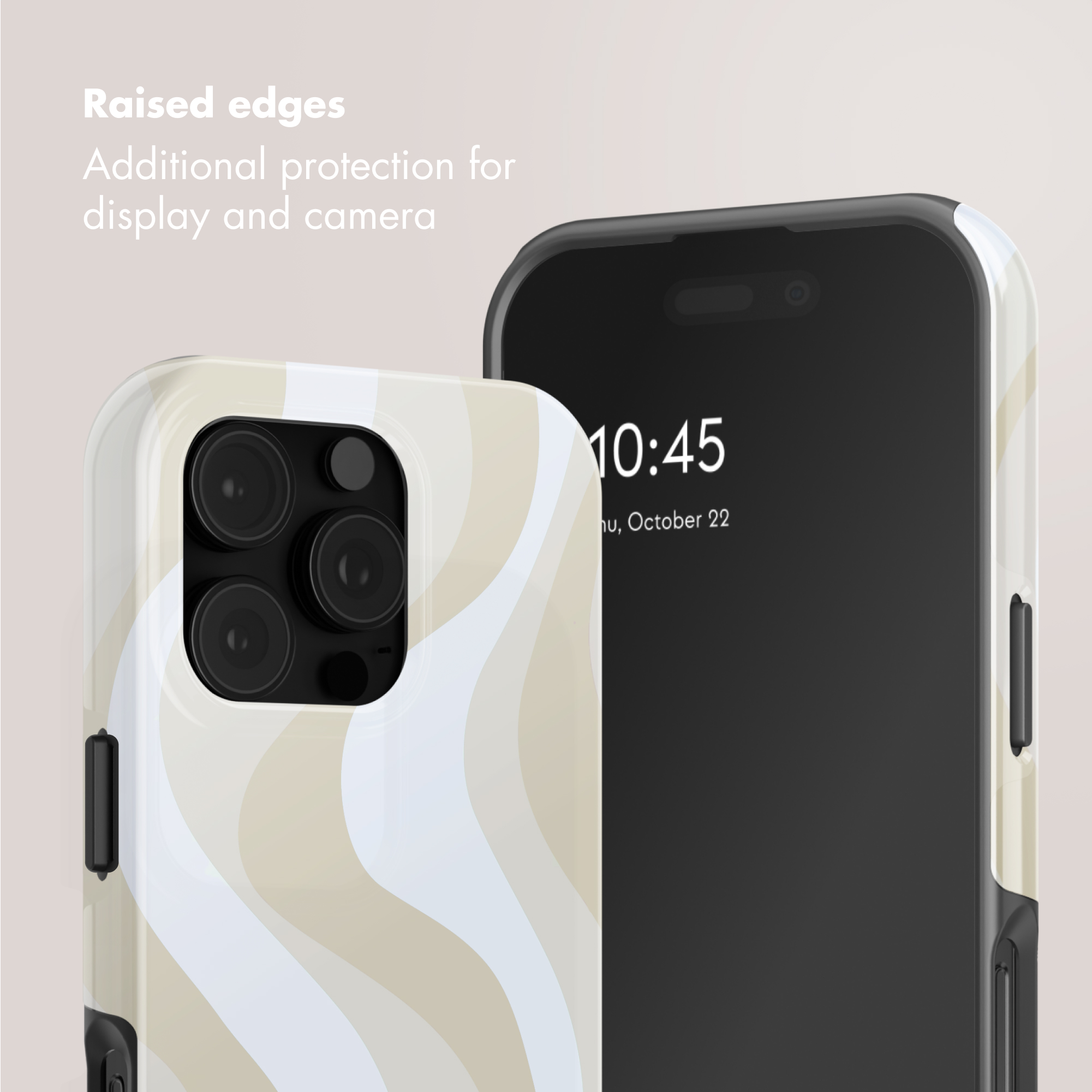 Dos teléfonos con fundas marmoladas que destacan los bordes elevados para proteger pantalla y cámara.