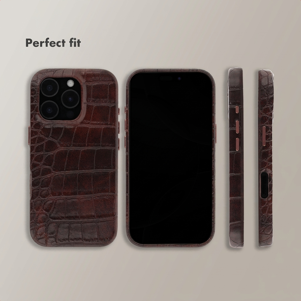 Different views of a brown crocodile leather phone case on a smartphone with the text Perfect fit.